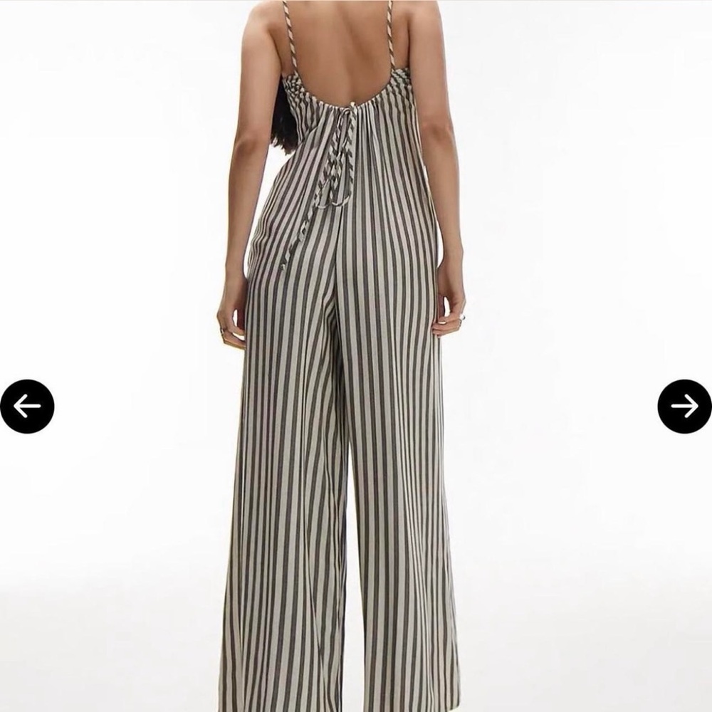 Topshop Navy and Cream Striped Linen Blend Jumpsuit
